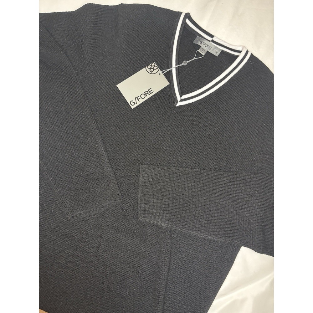 G/FORE Golf Sweater Medium Onyx Black Waffle Knit Merino Wool V-Neck NWT $295‎